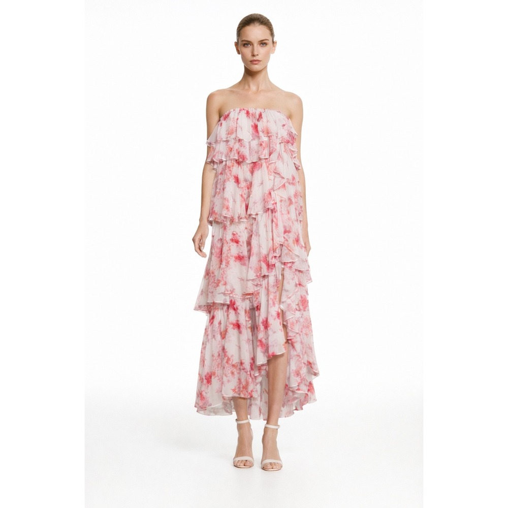 MISA Los Angeles Floral Ruffle Tiered Strapless Maxi Dress XS/S Pink White